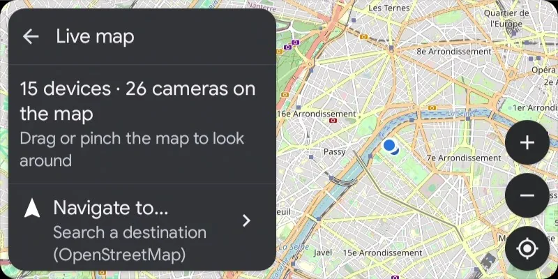 Android Auto live map zoomed out with known cameras