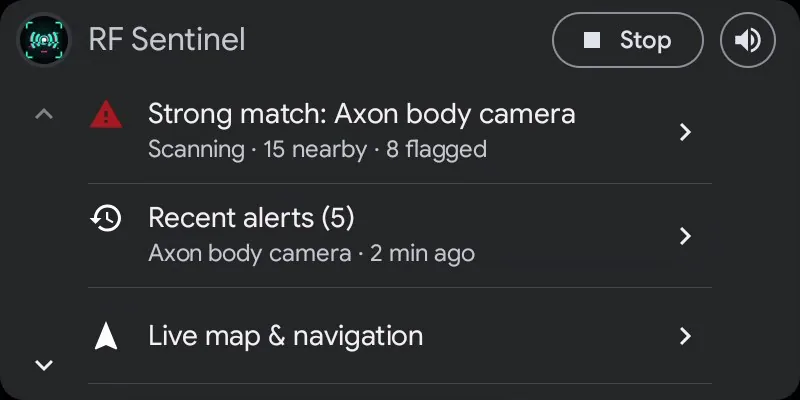Android Auto home screen with the threat headline and recent alerts