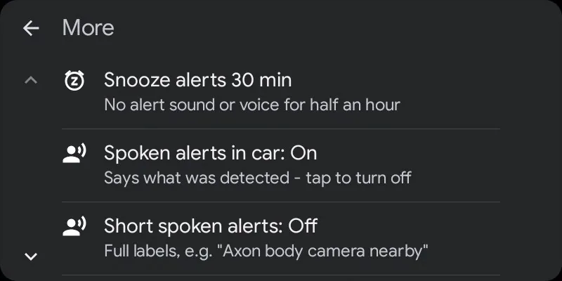 Android Auto More screen: snooze alerts, spoken alerts, cell towers, hardware