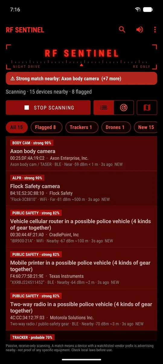 List view, Night Drive red theme